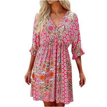 EQWLJWE Robes d'Été pour Femmes 2023 Mode pour Femmes Bohème Col en V Ample Manches Courtes Robe Mini à Imprimé