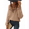 thumbnail image 1 of Women Sweaters Fall Winter Clothes Long Sleeve Button Up Ruffle Crew Neck Casual Knitted Pullover Tops Khaki XXL, 1 of 8