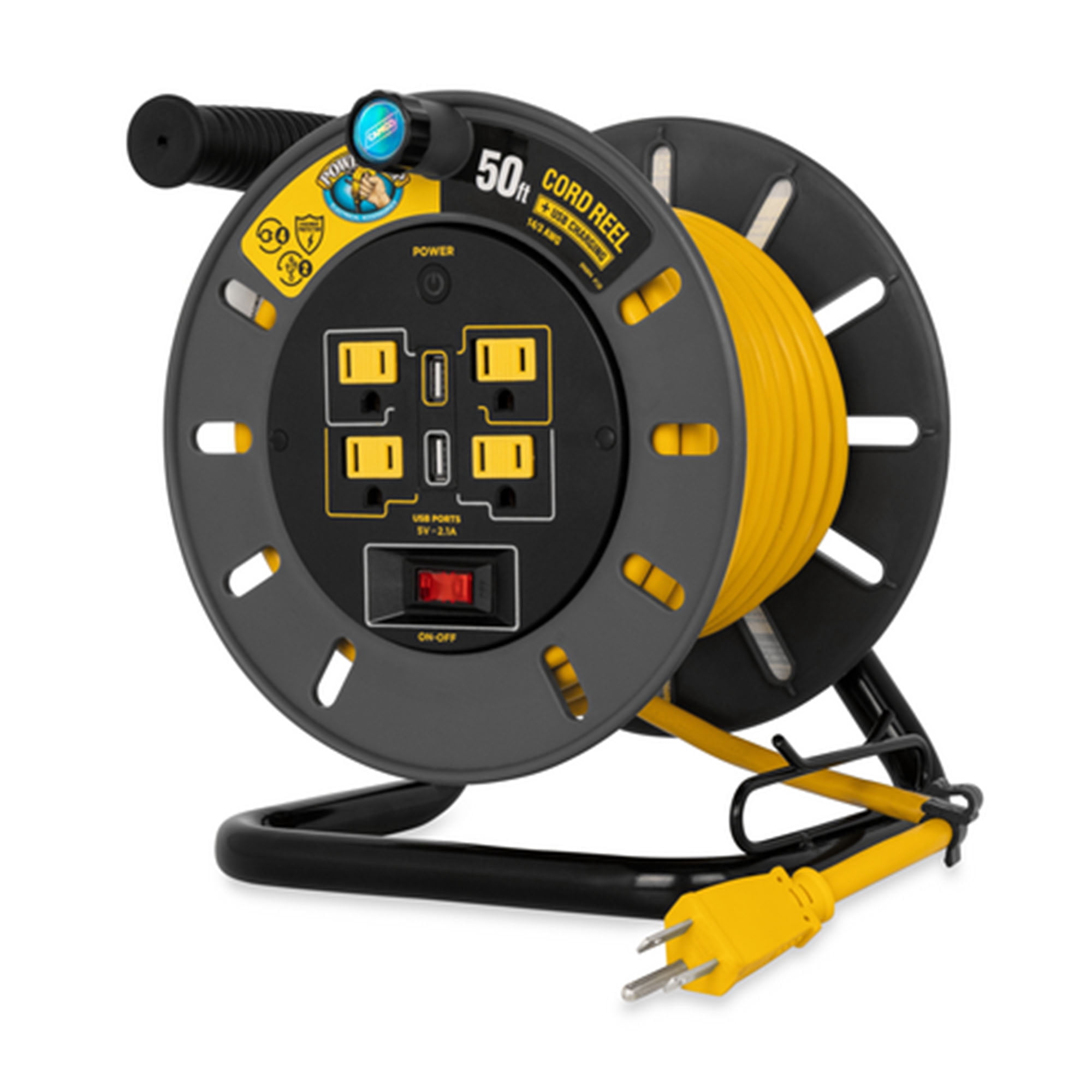 Camco 50 Foot Extension Cord Reel with 4 Electrical Outlets & 2 USB Ports, 125V