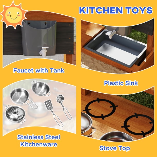 Outsunny Bac à sable pour enfants avec auvent, bac à sable en bois avec jouets de cuisine, siège, rangement, pour enfants de 3 à 7 ans Outsunny Bac à sable pour enfants avec auvent, bac à sable en bois avec jouets de cuisine, siège, rangement, pour enfants de 3 à 7 ans