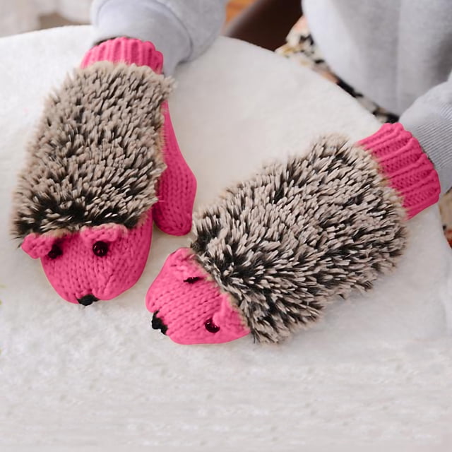 XZNGL Cartoon Hedgehog Wool Double Layer Thermal Insulation with Finger Weave Gloves