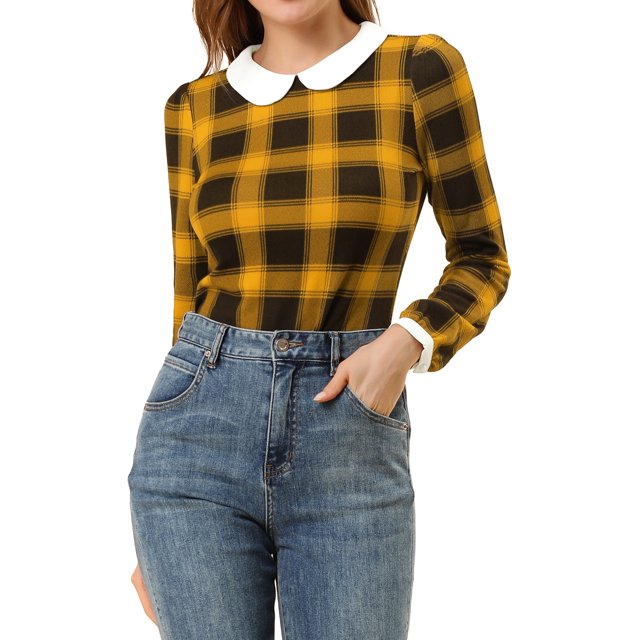 INSPIRE CHIC Chemise à Carreaux à Manches Longues Contrastées avec Col pour Femmes Peter Pan