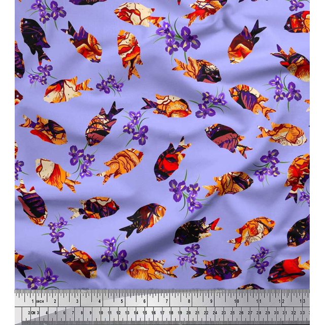 Soimoi Cotton Duck Fabric Floral & Textured Fish Ocean Print Fabric by The Yard 56 Inch Wide