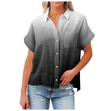 lcziwo Blouses en Lin pour Femmes Été, Chemise en Lin à Boutons Femmes Dégradé Couleur Manches Courtes Blouses Col en V Boutonnées Hauts de Plage Noir,TTG
