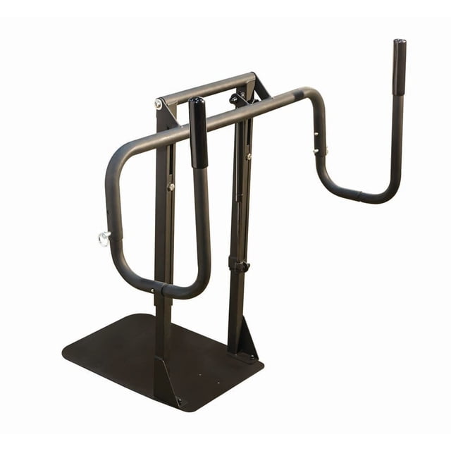 Élévateur de Couvercle de Berceau avec Cadre en Alliage d'Aluminium Noir Enduit de Poudre et Plaque de base Qui s'Emboîte sous des Bains Portatifs, Doté de Bras à Ressort Assistés au Gaz avec Poignées Noires Qui Se Replient vers l'Intérieur pour un Rangement Facile, Nécessitant un Dégagement de 26 Pouces pour le Retrait du Couvercle.