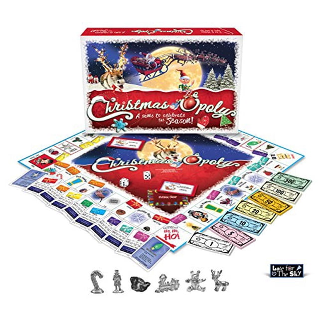 Late for the Sky Christmas-opoly board game with a festive Christmas theme. The set includes a colourful game board featuring holiday-themed properties, custom tokens like a reindeer and sleigh, play money, and cards. The box art displays Santa's sleigh and reindeer flying across a snowy, moonlit Christmas scene. Ideal as a holiday board game for family and friends to enjoy together.