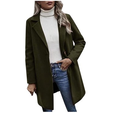 IROINID Women's Mid-Length Woolen Coat Notch Lapel Solid Color Long Sleeve Comfy Casual Loose Buttons Coat, Beige