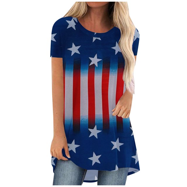 EQWLJWE Hauts d'Été pour Femmes Hauts pour Femmes Liquidation T-shirt Décontracté pour Femmes Jour de l'Indépendance Imprimé Col Rond Manches Courtes Pull Blouse Hauts