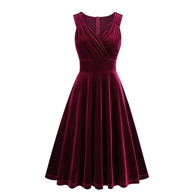 Penkiiy Robes en Velours pour Femmes, Robe Rétro Trapèze Taille TG, Montrée dans une Couleur Rouge Riche. Cette Robe Formelle Sans Manches Présente un Col en V, un Corsage Ajusté avec Détails Plissés, et une Jupe Évasée Trapèze en Matériau Velours Doux. Idéale pour les Mariages, les Cocktails, Noël et Autres Événements des Fêtes. la Robe Est Exposée sur un Fond Blanc Uni.