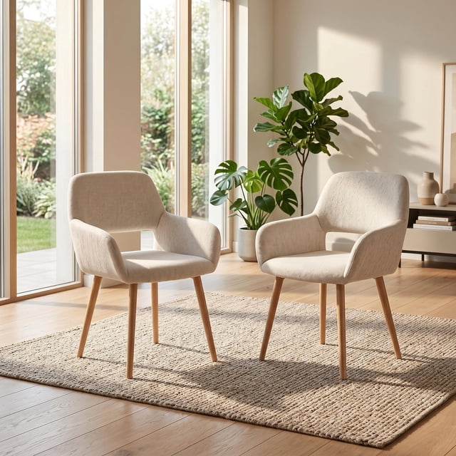 Homy Casa 2-Piece Upholstered Accent Chairs 31.9'' Fabric Armchairs with Wood Legs for Dining Room, Living Room, Office, Beige