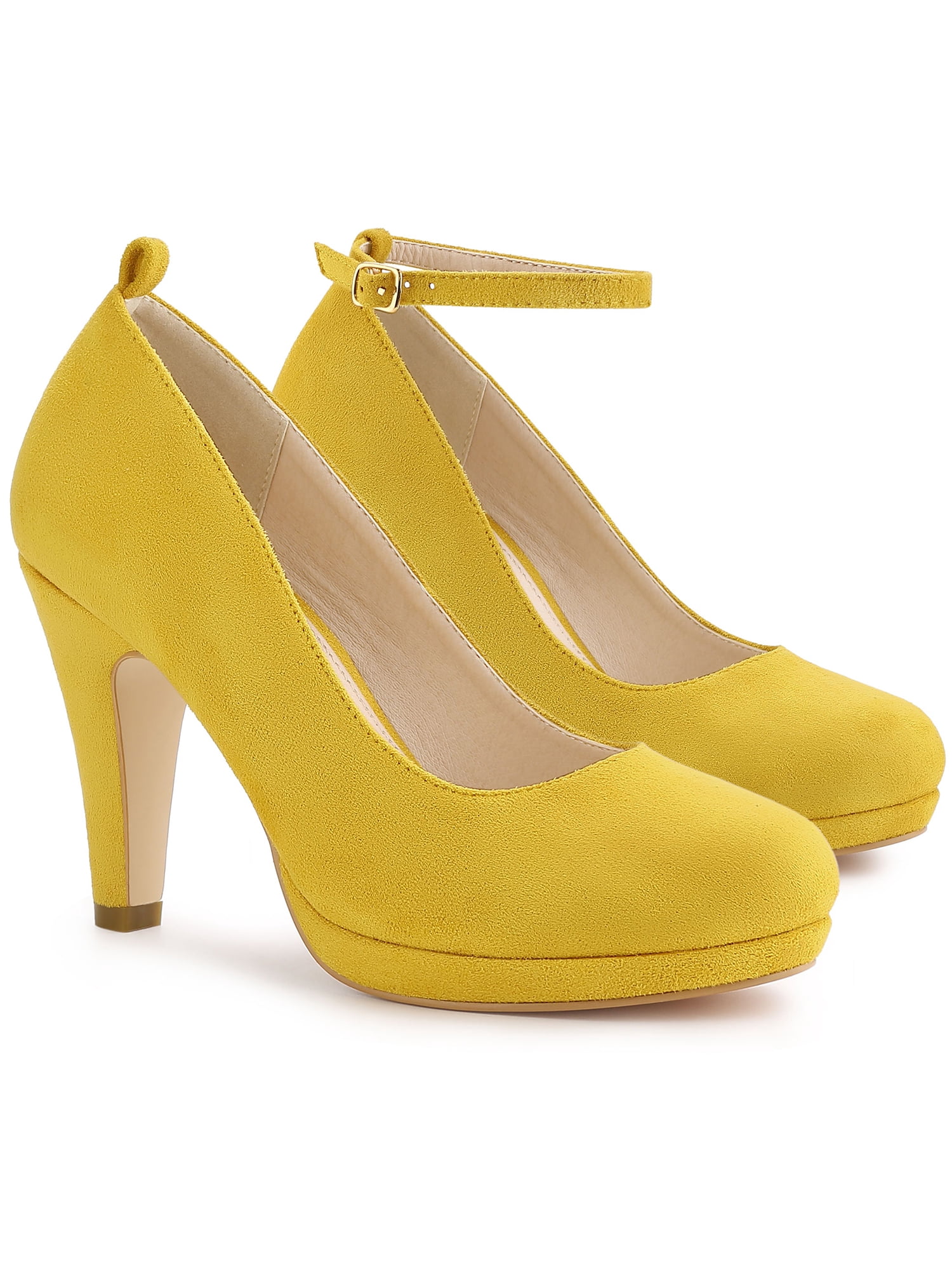 BLISSFUL STEP Chaussures pour Femmes Bout Rond Talon Aiguille Bride à la Cheville Escarpins Jaune 8,5