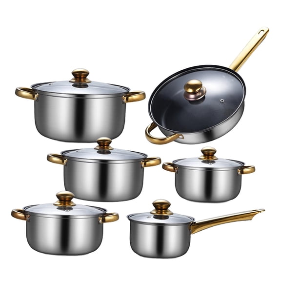 Transemion Ensemble de 6 Pcs en Acier Inoxydable avec Couvercle en Verre, Casserole de Cuisson pour Cuisine, Ensemble de Soupe pour Cuisine, Poêles avec Marmite, Poêles avec Marmite