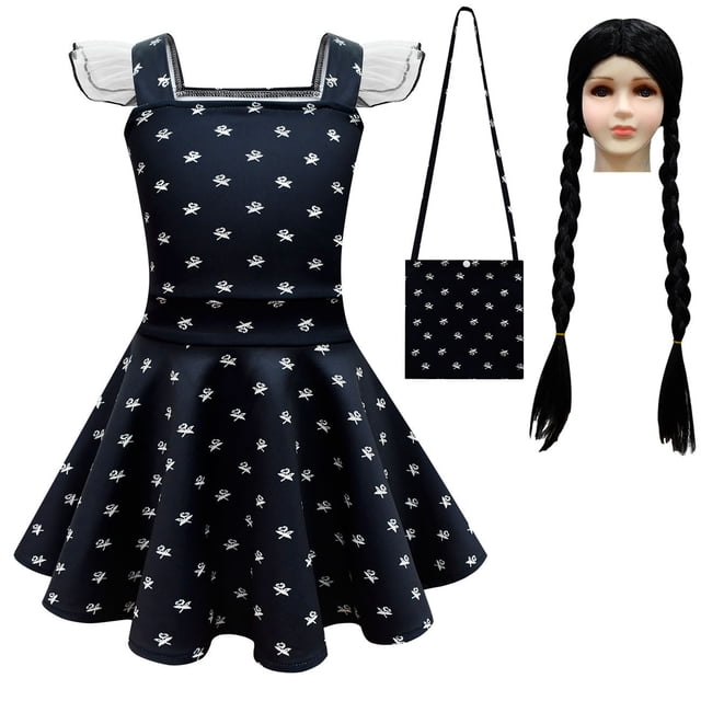 HAWEE Costume d'Addams pour Filles Robe Noire à Manches Volantées Robe Décontractée Fête d'Halloween Cosplay Wednesday Addams avec Perruque, Sac