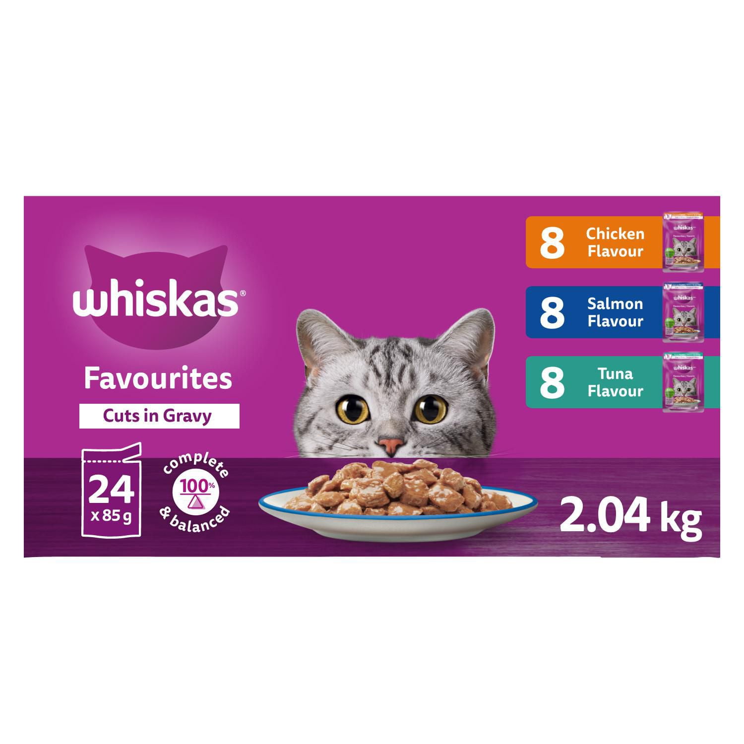 WHISKAS FAVOURITES Adult Wet Cat Food Cuts in Gravy Chicken Flavour, Salmon Flavour, and Tuna Flavour Pouch Variety Pack