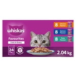 WHISKAS FAVOURITES Adult Wet Cat Food Cuts in Gravy Chicken Flavour, Salmon Flavour, and Tuna Flavour Pouch Variety Pack