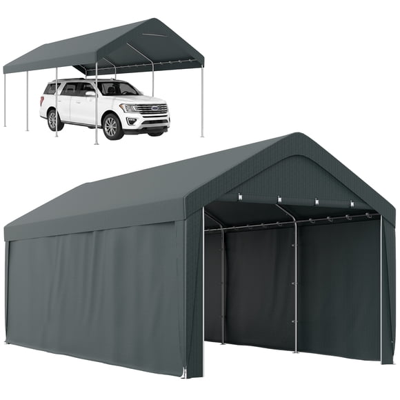 Outsunny Carport, 10 x 20 ft Car Shelter with 2 Roll-Up Doors, Dark Grey