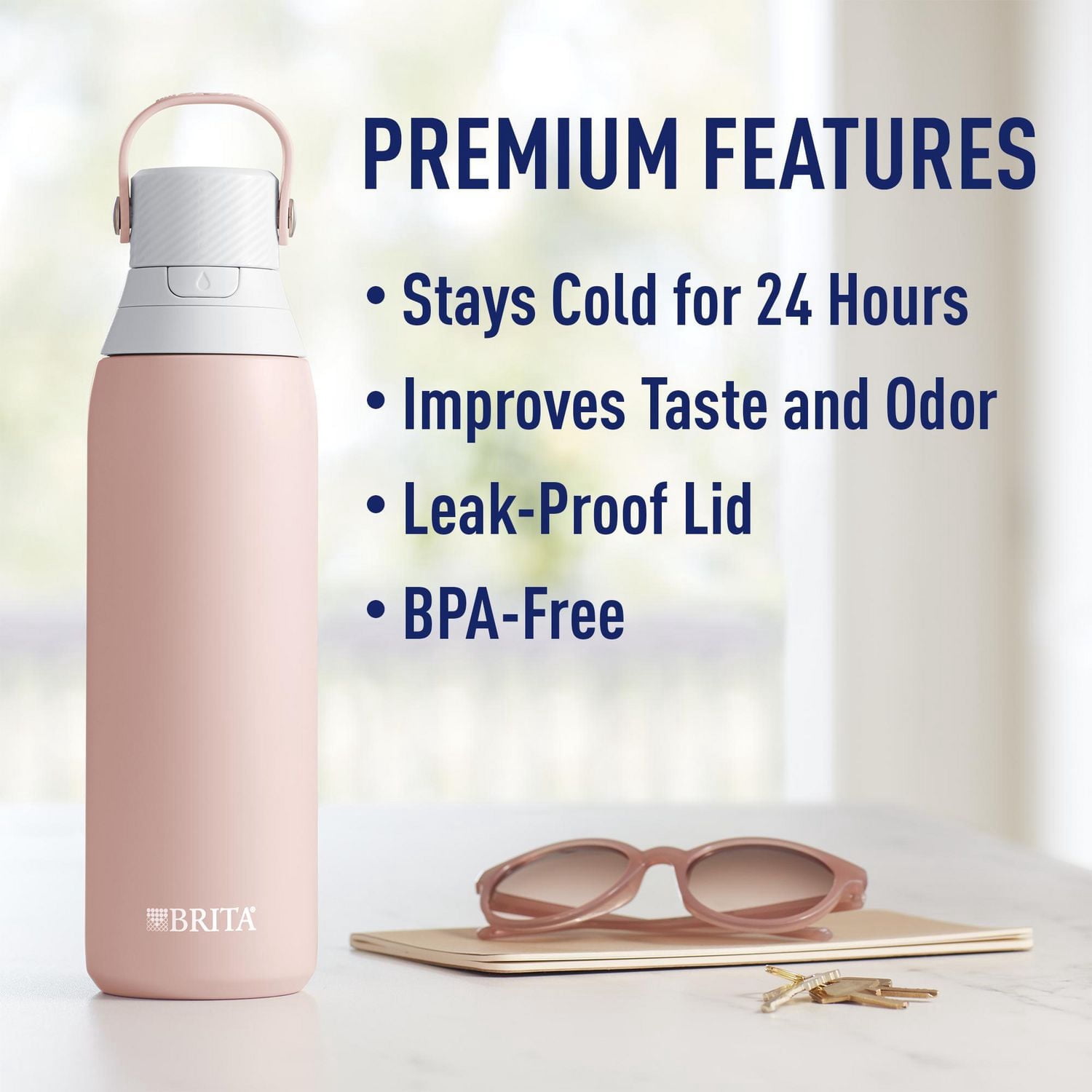 Bouteille isolante en acier inoxydable Brita avec filtre, paille, anneau de transport et capuchon antifuites. Sans BPA, idéale pour le sport, les voyages ou la randonnée. Capacité de 768 mL, cadeau pa