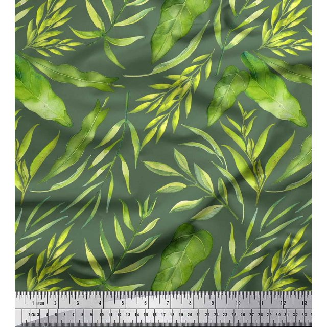 Soimoi Green Poly Georgette Fabric Leaf Leaves Print Sewing Fabric Yard 52 Inch Wide