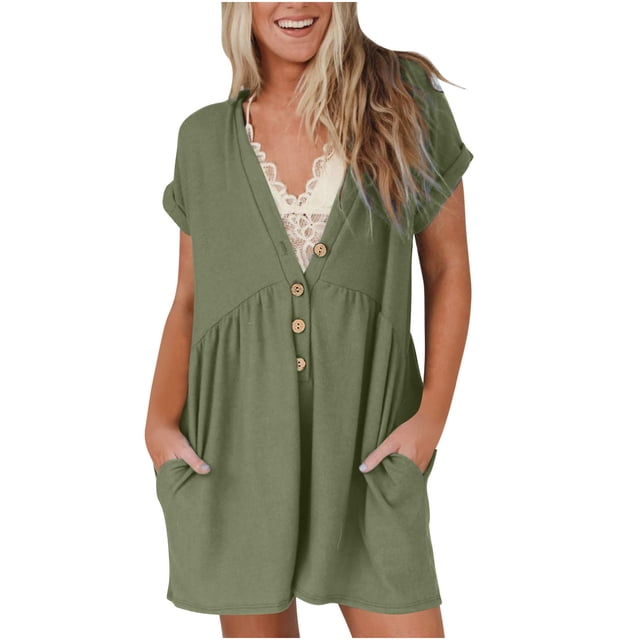 AherBiu Wide Leg Jumpsuits for Women Short Sleeve Half Button V Neck Short Rompers 1 Piece Summer Outfits