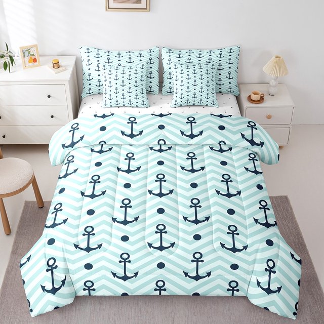 Erosebridal Ensembles de Literie à Imprimé d'Ancre Nautique Format Simple, Ensembles de Couette à Rayures de Vagues Géométriques Bleues avec Draps, Réversible 7 Pcs