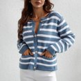 thumbnail image 2 of Yuyuzo Cardigans Chandail pour Femmes Court à Col Rond Manches Longues Ouvert à l'Avant à Boutons Chandail Rayé avec Poches, 2 of 5