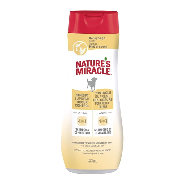 Nature’s Miracle Supreme Odor Control Oatmeal Shampoo & Conditioner, Honey Sage scent, 473 ml bottle with red flip-top cap, designed for dogs to neutralize odors, soothe skin, and condition coat with a soap-free 4-in-1 formula.