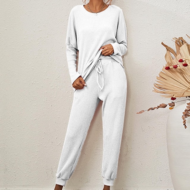 Meichang Women's Pajama Set 2 Piece Lounge Set Ribbed Knit Crew Neck Long Sleeve Pullover Tops Jogger Pants Set Fall Outfits Running Workout Sets Matching Tracksuit
