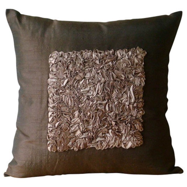The HomeCentric Pillow Cover Brown Decorative Pillow Cover For Sofa Pack of 2 16x16 inch (40x40 cm) Silk Pillowcase With Zipper Solid Color Ribbon Embroidery Accent- Vintage Chocolate Love