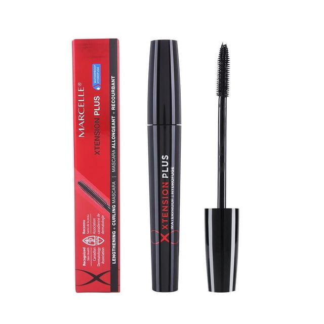Marcelle Xtension plus Mascara Hydrofuge - Noir avec Son Emballage Rouge et Noir, Doté d'Un tube Noir Élégant et d'Une Brosse 2-en-1 Conçue pour Allonger, Courber et Définir les Cils de la Racine à l'Orteil Sans Grumeaux pour une Tenue Longue Durée.