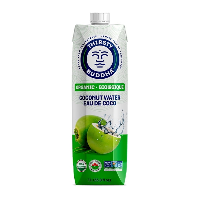 Thirsty Buddha Organic Coconut Water 1L Tetra Pak with white and green packaging, showing green coconuts and water splash, labeled USDA Organic, Non-GMO Project Verified, and Canada Organic certified, 33.8 fl oz, ideal for natural hydration and as a mixer in drinks.