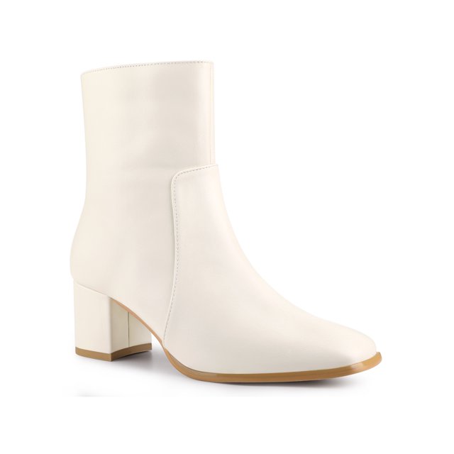 Unique Bargains Women's Square Toe Side Zip Block Heel Ankle Boots Cream (Size 9.5)