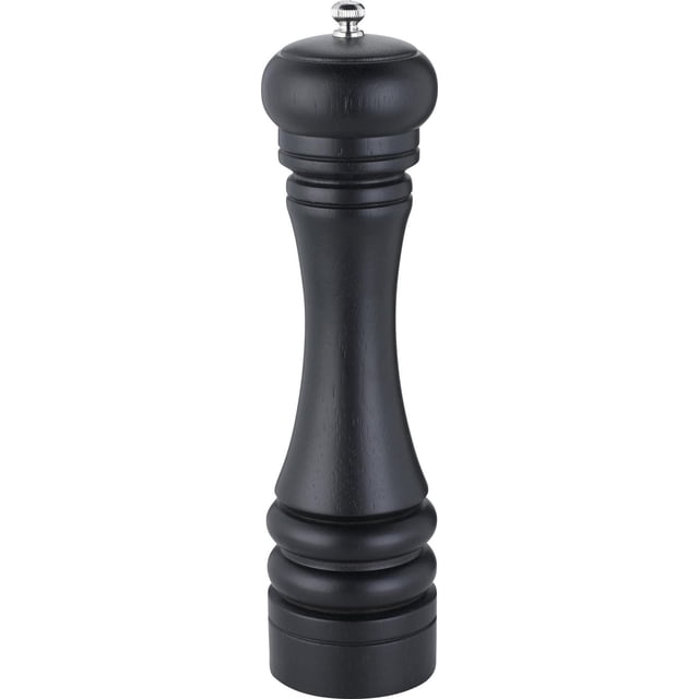 Trudeau 10" Seville Pepper Mill in dark espresso wood with a classic curved silhouette, featuring a corrosion-resistant zinc grinder and adjustable knob for coarse to fine grinding, suitable for dining and entertaining.