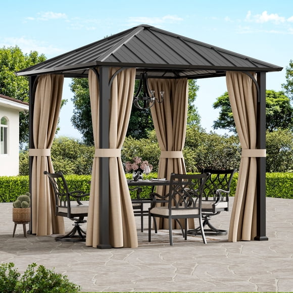 Modern Shade 8'x8' Hardtop Gazebo with Galvanized Steel Roof and Detachable Curtains, Permanent Outdoor Metal Pavilion