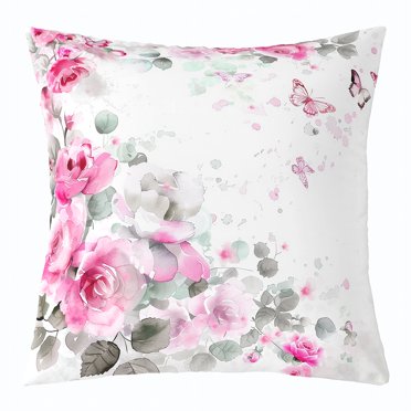 Erosebridal Watercolor Rose 20x20 Throw Pillow Cover,Pink Rose Flowers Pillow Cover for Kids Girls Women,Romantic Butterfly Cushion Cover,Garden Botanical Floral Leaf Pillow Cover