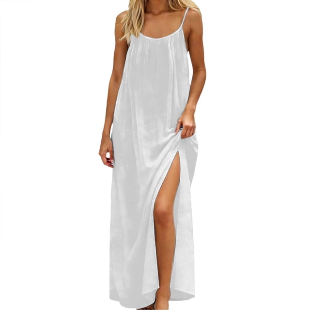 Daiosportswear Robe Longue de Détente pour Femmes à Bretelles Spaghetti, Dos Nu, Coupe Ample, Robe-Robe à Manches Courtes pour Femmes, Blanc P(S)
