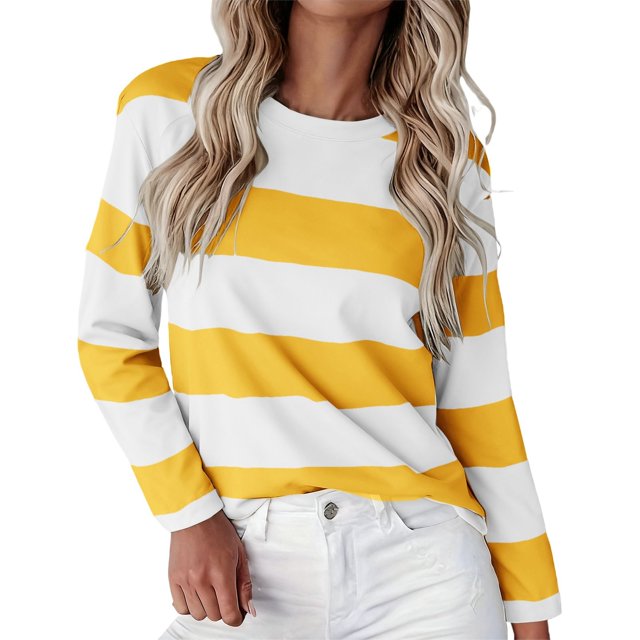 ManxiVoo T-Shirt à Manches Longues à Rayures Imprimées pour Femme, Col Rond, Confortable, T-Shirt Graphique d'Automne, Blouse Légère, Taille M, Jaune