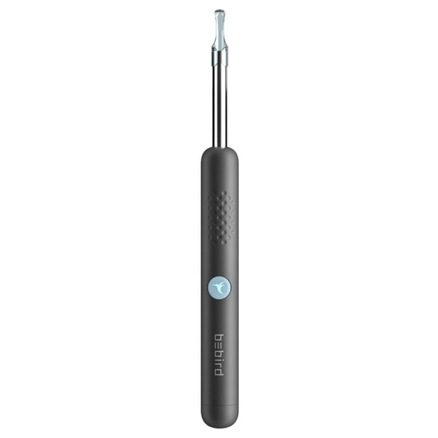 BEBIRD Earpicks Ear Wax Removal Tool with LED light and visual earpick for ear health care. Features a black textured grip, two interchangeable ear spoon heads, USB rechargeable battery, and compact design. Ideal for precise earwax removal and ear cleaning.