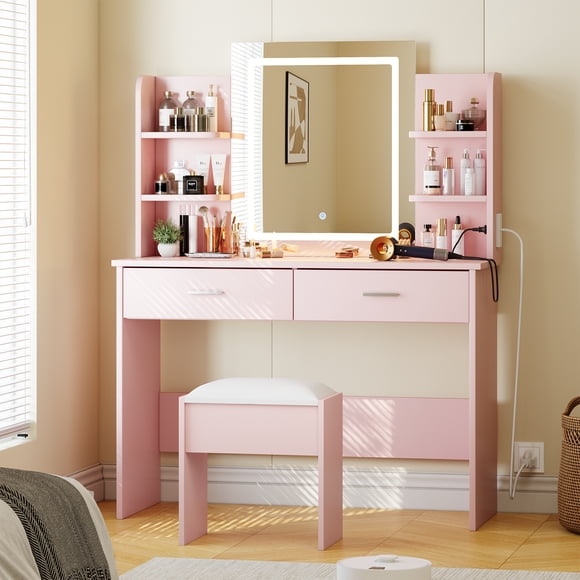 Vanity Desk, Makeup Vanity with Lighted Mirror, Power Outlet, Adjustable Brightness, 3 Color Modes Makeup Table with Cushioned Stool, 2 Drawers, Open Shelves for Bedroom