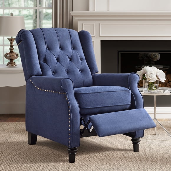 Bonzy Home Push Back Recliner Chair, Mid Century Modern Wingback Chair, Fabric Armchair with Rivet Decoration & Solid Wood Legs, Upholstered Accent Chair for Living Room, Bedroom, Blue