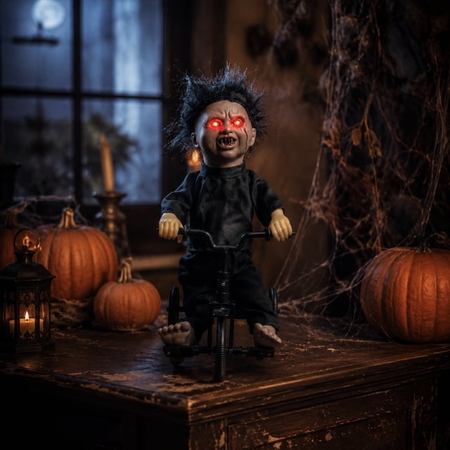 Poupée Animatronique Effrayante d'Halloween sur Tricycle, Accessoire Animé aux Yeux Rouges Lumineux, Déco Effrayante pour Fête à la Maison Hantée, Plastique