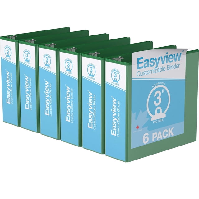 Davis Group Easyview Premium round ring customizable view binder 6 pack with 3-inch PVC-free rings and green polypropylene covers featuring clear overlays on front, spine, and back for custom inserts, made in Canada, ideal for organizing manuals and reports.