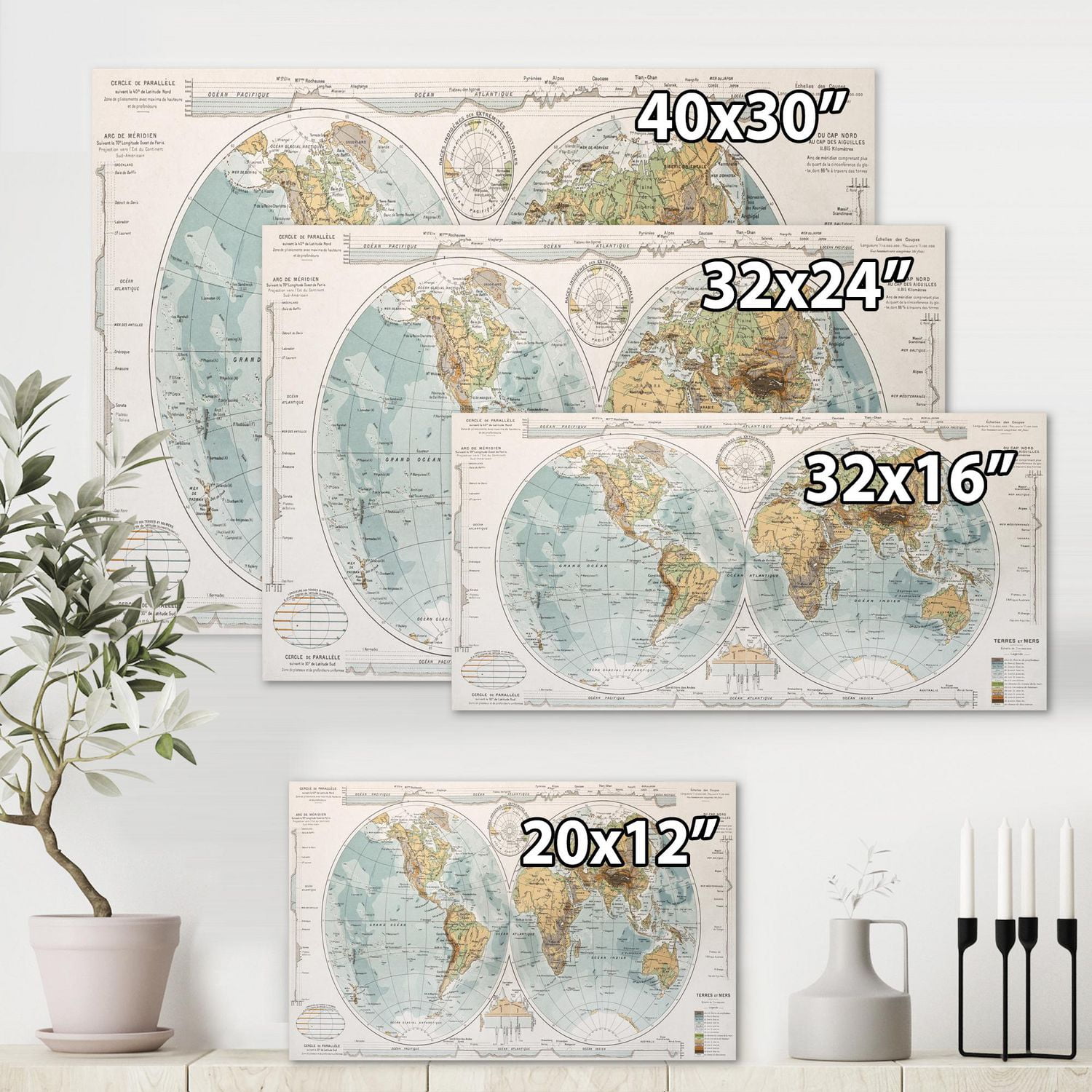 Designart Ancienne carte du monde II Art mural sur toile