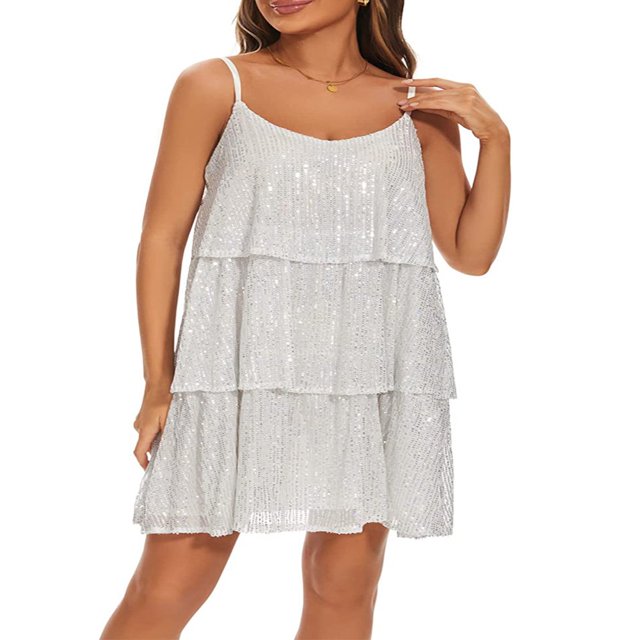 MesaSe Robe Gâteau à Volants Superposés pour Femmes, Paillettes, Bretelles Spaghetti, Mini-Robe Dos Nu, Robe Camisole de Fête et de Danse