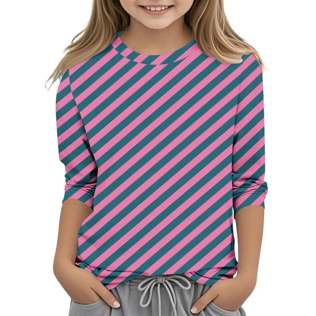 MeetoTime T-Shirt à Manches 3/4 Rayé Imprimé pour Enfants Col Rond Décontracté Ample Blouses pour Garçons Filles 3-12 Ans