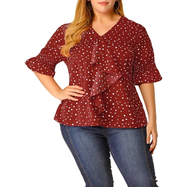 GRACE & GRANDEUR Blouse pour Femme Grande Taille, devant à Volants, Manches Smockées, Col en V, Haut Uni Décontracté 3X Rouge Blanc