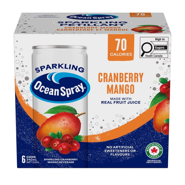 Ocean Spray Sparkling Cranberry Mango 6PK. Bursting with Fruity Bubbles. No Artificial Flavours or Preservatives. Contains No Allergens. Manufactured in Canada from Imported and Domestic Ingredients.