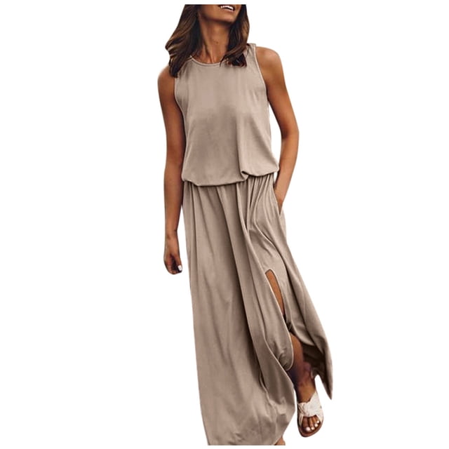 Leutsin Robe d'Été Décontractée pour Femme Grande Taille Robe d'Été Aguichant pour Femme Sans Manches à Col Rond avec Fente