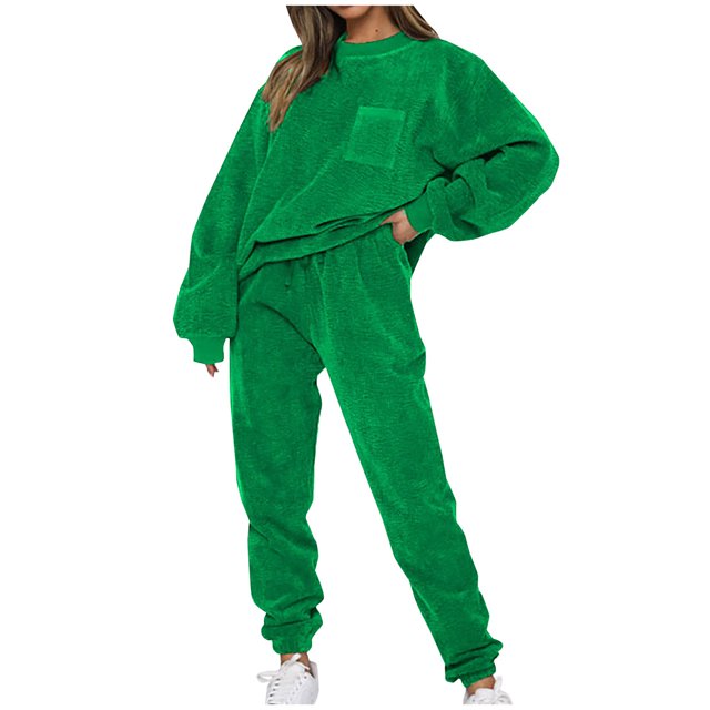 RKSTN Ensemble 2 Pcs pour Femmes Mode Automne Couleur Unie Pull avec Poches Survêtements Col Rond Hauts de Sport et Pantalons Longs