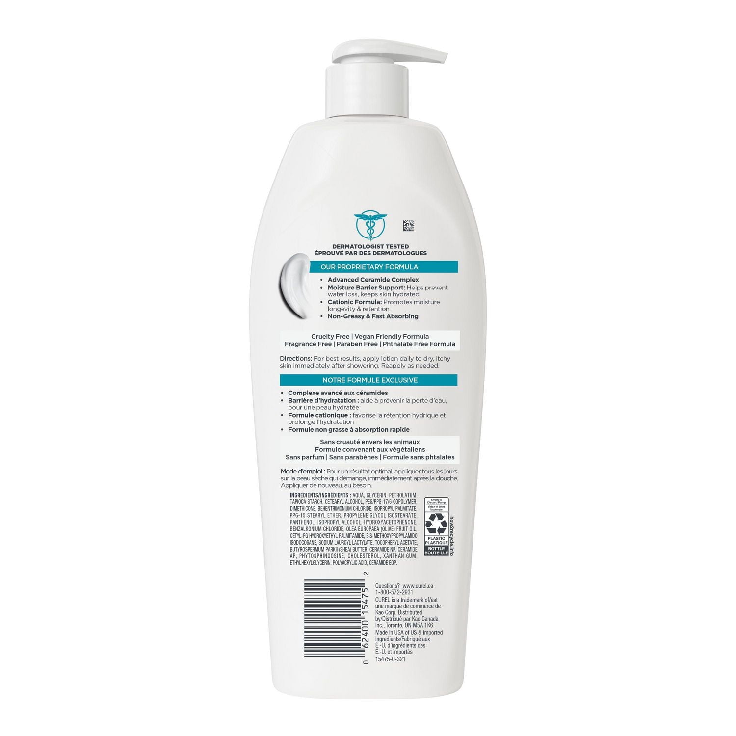 Curel® Itch Defense® Lotion sans parfum pour peau, sèche et irritée Anti-démangeaisons Thérapie céramidique évoluée, 480mL