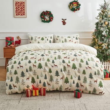 Gogreen Housse de Couette pour Lit Simple, Motif Floral, en Microfibre Douce et Respirante, Ensemble de Literie 3 Pcs pour Lit Simple, Housse de Couette Confortable à Motif, avec Fermeture Éclair (Cerf de Noël, Lit Simple)